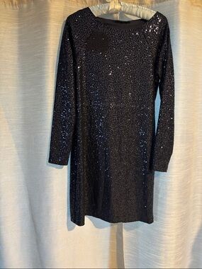 Tibi Navy Sequin Long-Sleeve Shift Dress